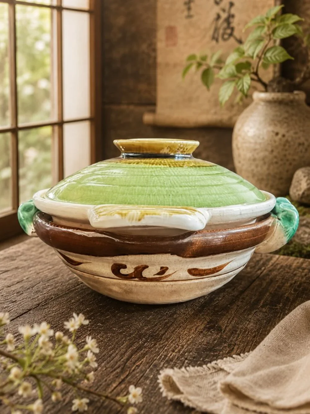 Rare Japanese Donabe Pottery Hot Pot Green-Glazed Lid Brown-Painted Ornate Base
